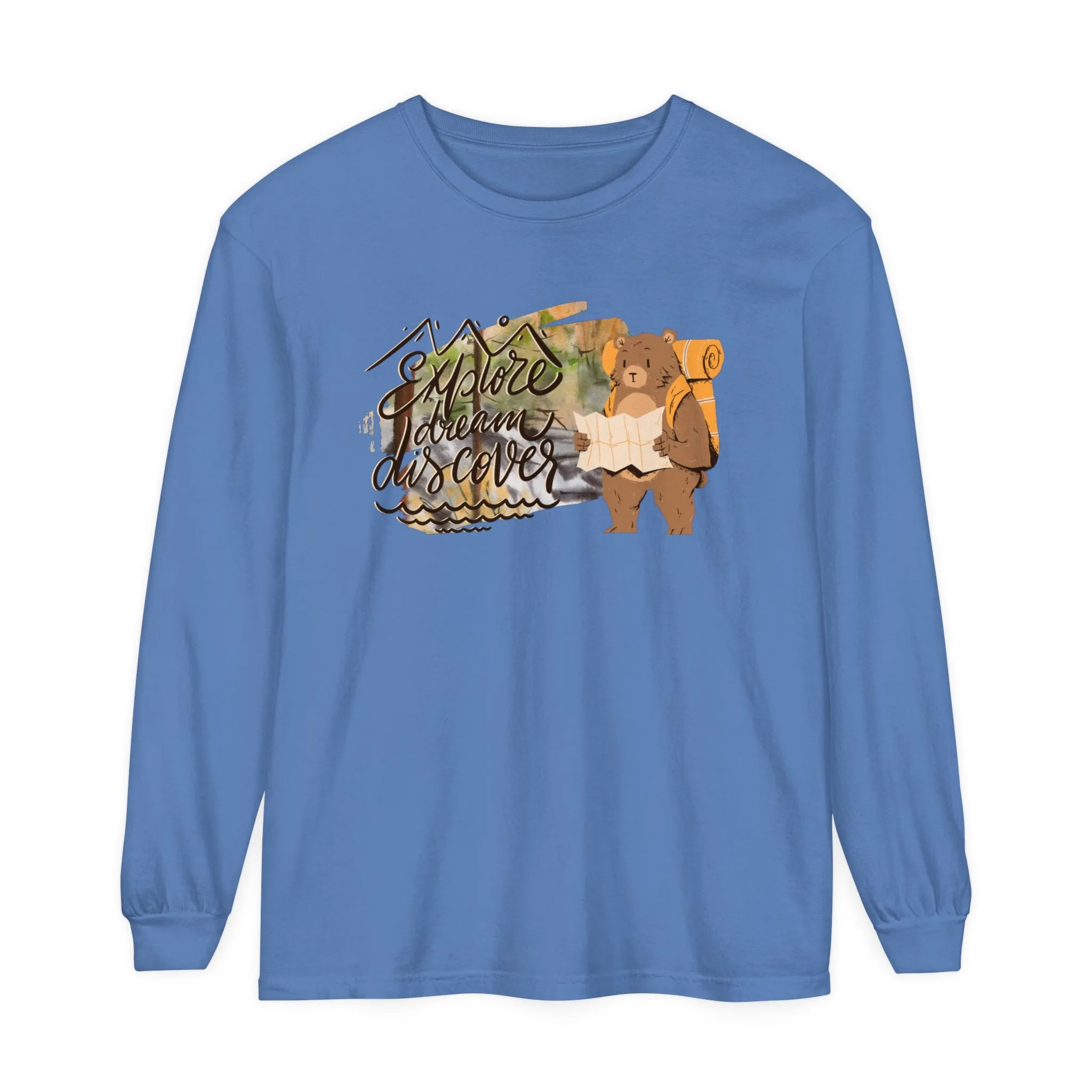 Women's Comfort Colors Long Sleeve Tee: 'Explore, Dream, Explore' with Backpacking Bear