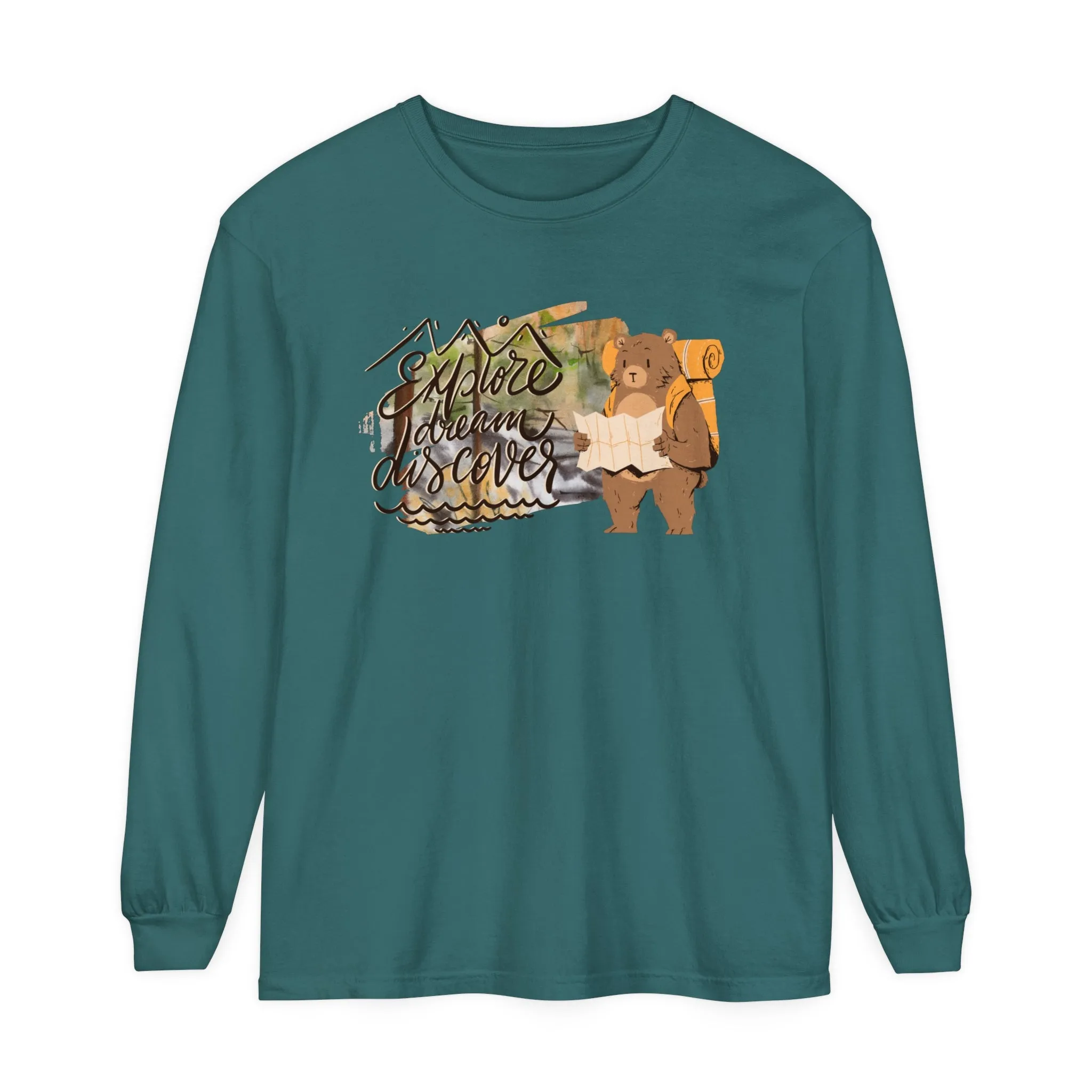 Women's Comfort Colors Long Sleeve Tee: 'Explore, Dream, Explore' with Backpacking Bear