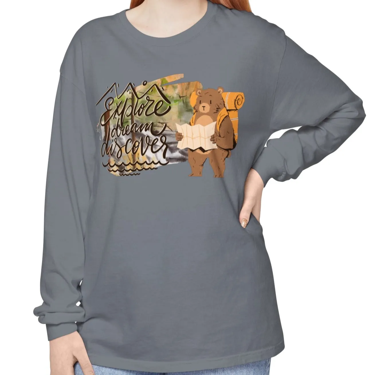 Women's Comfort Colors Long Sleeve Tee: 'Explore, Dream, Explore' with Backpacking Bear