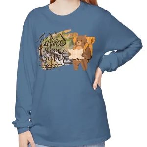 Women's Comfort Colors Long Sleeve Tee: 'Explore, Dream, Explore' with Backpacking Bear