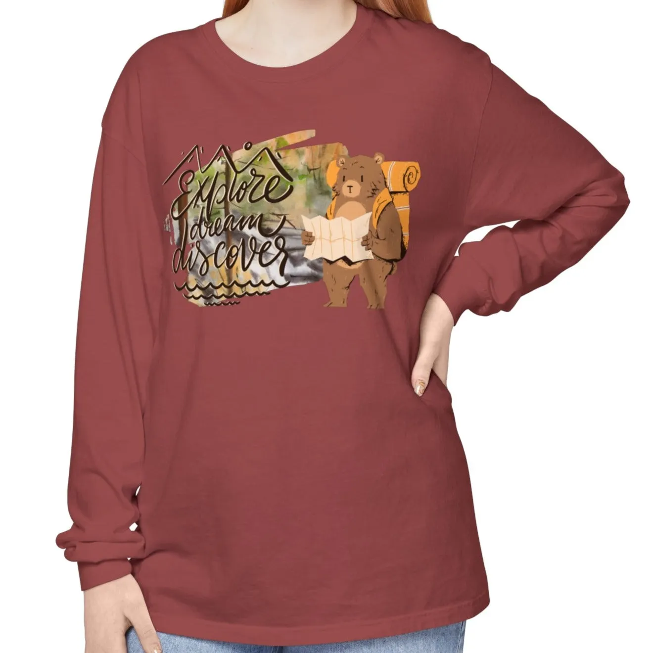 Women's Comfort Colors Long Sleeve Tee: 'Explore, Dream, Explore' with Backpacking Bear