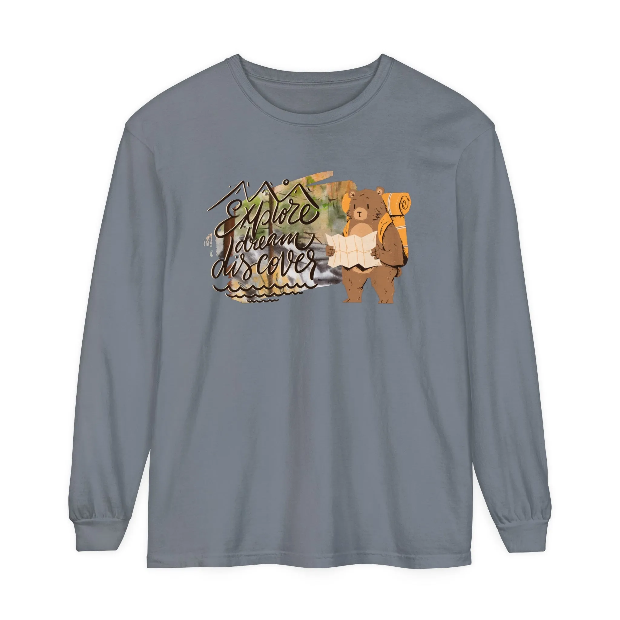 Women's Comfort Colors Long Sleeve Tee: 'Explore, Dream, Explore' with Backpacking Bear