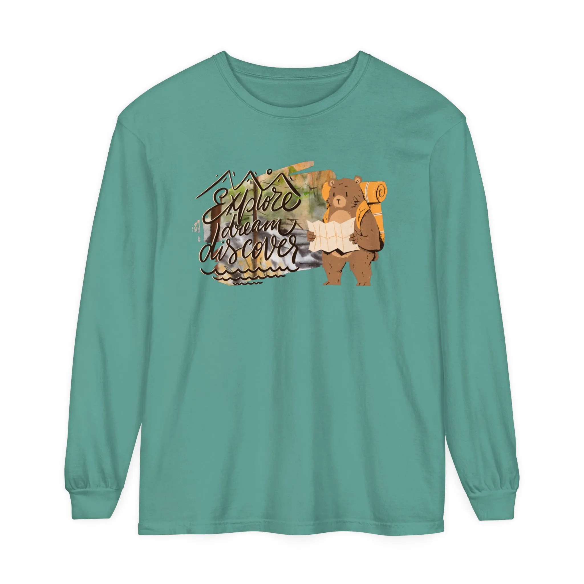 Women's Comfort Colors Long Sleeve Tee: 'Explore, Dream, Explore' with Backpacking Bear