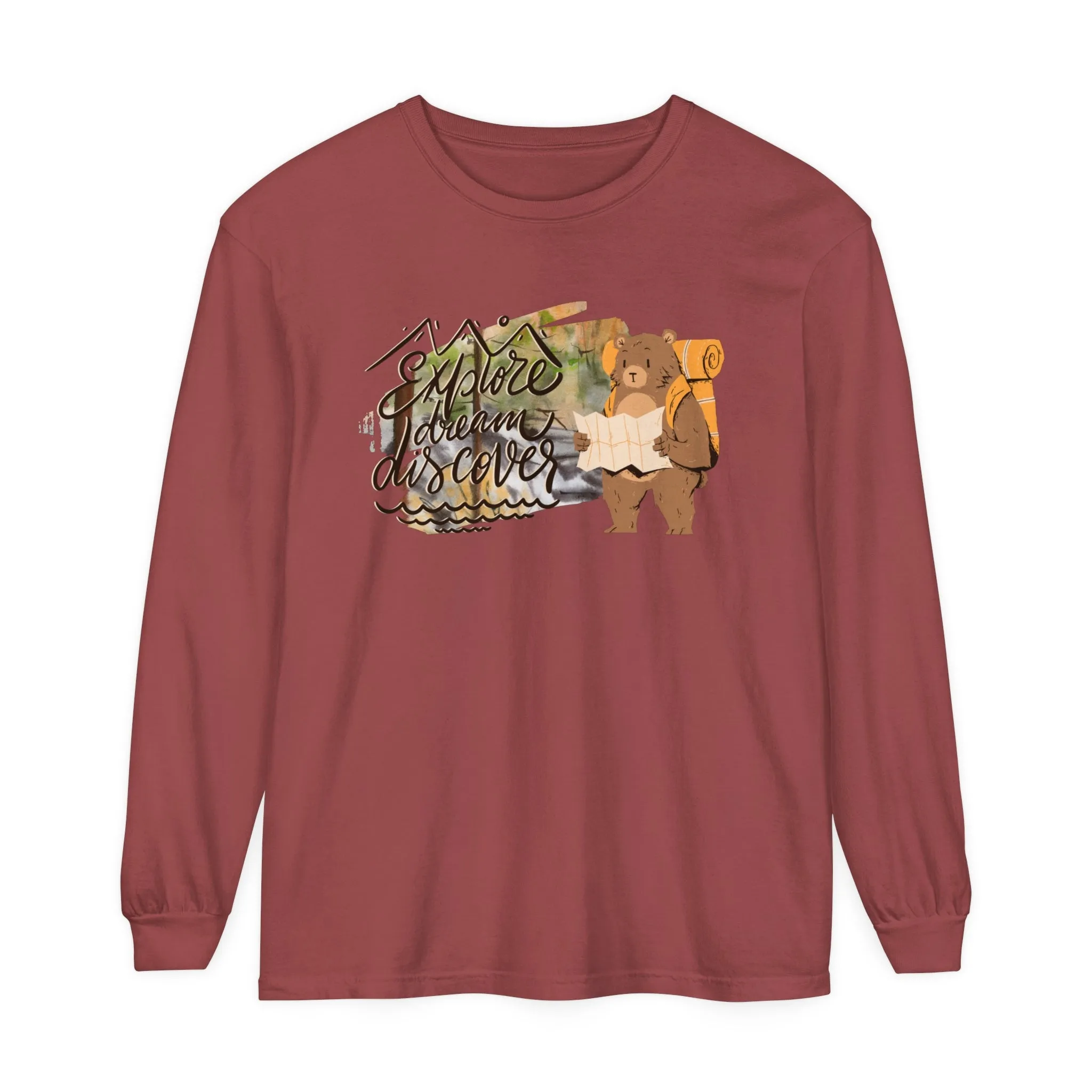 Women's Comfort Colors Long Sleeve Tee: 'Explore, Dream, Explore' with Backpacking Bear