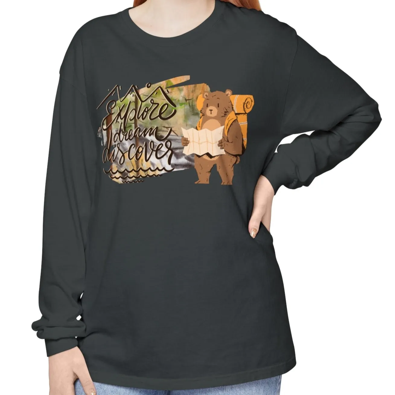 Women's Comfort Colors Long Sleeve Tee: 'Explore, Dream, Explore' with Backpacking Bear