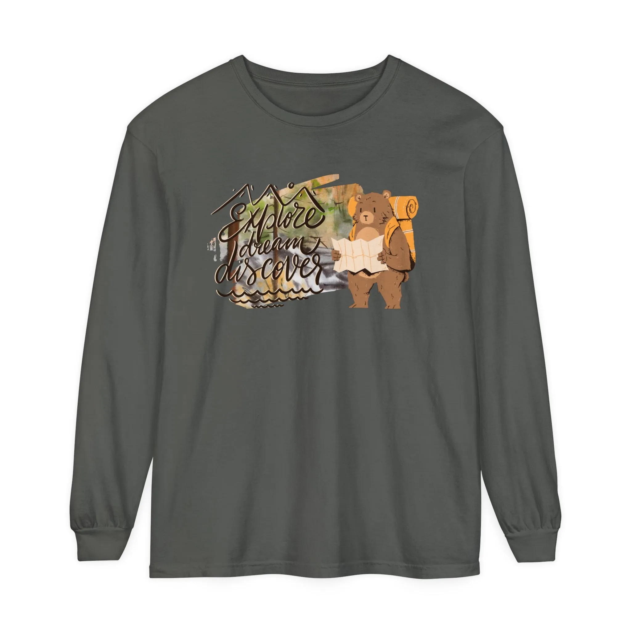 Women's Comfort Colors Long Sleeve Tee: 'Explore, Dream, Explore' with Backpacking Bear